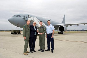 Mr Javier Matallanos-Martin, Senior Vice President and Head of Program Airbus Military (second from left) hands over the keys for the Royal Australian Air Forces new KC-30A Multi Role Tanker Transport aircraft to Commanding Officer No. 33 Squadron Wing Commander Guy Wilson (second from right). Also in attendance are Commander Air Lift Group Air Commodore Gary Martin AM, CSC (left) and Air Vice-Marshal Colin Thorne AM Head Aerospace Systems Division from Defence Material Organisation (right). June 1, 2011. Credit: RAAF 