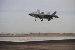 Marine Fighter Attack Squadron 121 F-35B Lightning II Joint Strike Fighter prepares to make a vertical landing aboard Marine Corps Air Station Yuma, Ariz., March 21, 2013. This marks the first vertical landing of a Marine Corps F-35B outside of a testing environment. (Cpl. Ken Kalemkarian/released) 