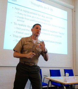 Lt. Col. Berke focuses on why fifth generation is not a chronological transition at the Copenhagen Airpower Symposium. Credit Photo: Second Line of Defense 