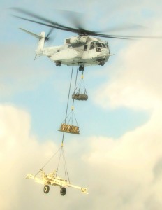 The triple hook system for the CH-53K allows for the delivery of three payloads each to a different landing area if requires. Credit Photo: USN-USMC 