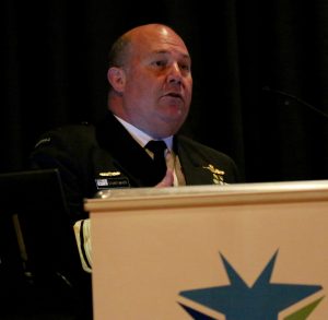 Rear Admiral Stuart Mayer, Commander Fleet Australia, speaking at the Williams Seminar on Air-Sea Integration, August 10, 2016, Canberra, Australia.