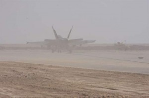 A Harrier operating in Iraq during a dust storm, Credit: USMC