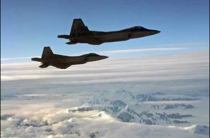 A pair of F-22 fighters escort Fencing 1220, a Gulfstream 4 simulating a hijacked airliner, over Alaska as part of Exercise VIGILANT EAGLE (Credit Photo: Maj. Mike Humphreys/U.S. Army, August 8, 2010 via NORAD)