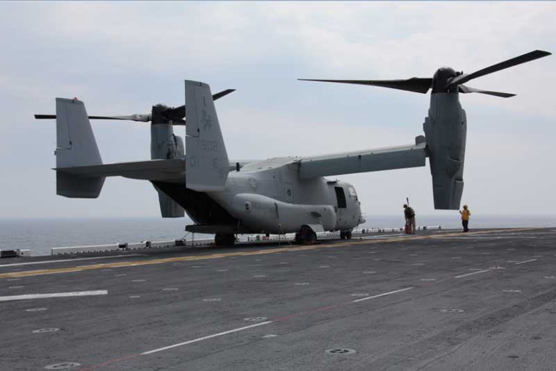 Flight deck crew members prepare an MV-22 Osprey with Marine Medium Tiltrotor Squadron 266, 26th Marine Expeditionary Unit, for take off during flight operations aboard USS Kearsarge, April 23, 2010 (Credit photo: USMC)
