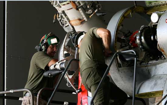 Working on the Aircraft in the New River Air Station Hanger, August 2010 (Credit: SLD)