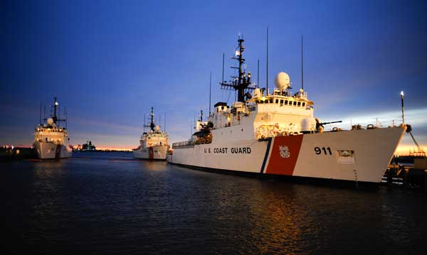 The Coast Guard Cutter Forward sits moored at Base Support Unit Portsmouth just before sunrise Wednesday, Dec. 30, 2009. Behind the Forward are two other 270-foot Medium Endurance Cutters homeported at the base, the cutters Legare and Bear. In total there are six of these cutters sharing the same responsibilities, allowing their crews to enjoy a two-month inport period and a two-month deployment period. Some of those responsibilities include: Search and Rescue; Enforcement of Laws and Treaties; Maritime Defense; and Protection of the Marine Environment. They most often deploy between the Coasts of Maine and Florida and throughout the Caribbean, but at times cross the Atlantic or visit the Pacific Ocean. (Credit: USCG Atlantic Area, 12/30/09)