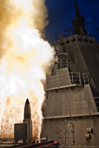 An SM-3 (Block 1A) missile is launched from the Japan Maritime Self-Defense Force destroyer JS Kirishima (DD 174), successfully intercepting a ballistic missile target launched from the Pacific Missile Range Facility at Barking Sands, Kauai, Hawaii. Credit: USN Visual Service 10/30/201 