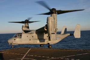 (Feb. 9, 2012) An MV-22 Osprey assigned to the Fighting Griffins of Marine Medium Tiltrotor Squadron (VMM) 266 makes a historic first landing aboard the Military Sealift Command dry cargo and ammunition ship USNS Robert E. Peary (T-AKE 5). The Osprey landed aboard Robert E. Peary while conducting an experimental resupply of Marines during exercise Bold Alligator 2012. Credit; USN 