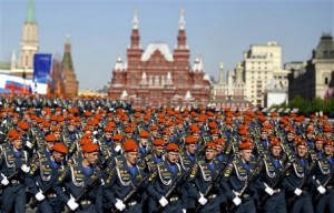 Russian military cadets of the Russian Emergency Situations ministry march during the annual Victory Day parade at Red Square in Moscow, Saturday, May 9, 2009. Victory Day, marking the defeat of Nazi Germany, is Russia's most important secular holiday, and the parade reflected the Kremlin's efforts to revive the nation's armed forces and global clout.  