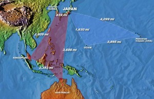 The US faces a tyranny of distance in dealing with the Pacific. And needs to operate in a strategic triangle from Hawaii, to Guam and to Japan.  And in a strategic quadrangle which reaches from Japan to South Korea, to Singapore and to Australia.  Credit: Graphic Second Line of Defense 