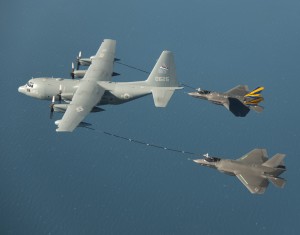 CF-2 Flight 158 with Mr. Dan Canin and CF-1 Flight 189 with LT Chris Tabert on 18 January 2013. First dual refueling of F-35C on KC-130 tanker. Credit Photo: Lockheed Martin 