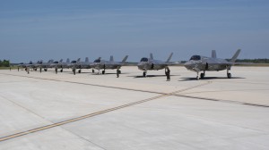 According to Lt. Col. David Berke: “Today (April 26, 2013), VMFAT-501 executed an 8 ship launch for Air to Air and Air to Ground training, completed hot refueling on all eight jets and launched them on a second mission.” In this photo, the 8 planes involved in the training are shown. Credit Photo: by Lt Col Gillette, then F-35B IP and executive officer at the VMFAT-501 and now Squadron Commander for the Green Knights. 