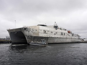 Feb. 16, 2013 The Military Sealift Command joint high-speed vessel USNS Spearhead (JHSV-1) pulls into Joint Expeditionary Base Little Creek-Fort Story. Spearhead is the first of nine Navy joint high-speed vessels and is designed for rapid intra-theater transport of troops and military equipment. (U.S. Navy photo by William Cook/Released) 