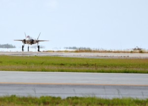 : Two new Air Force variants of the F-35 Lightning II taxi in to Eglin Air Force Base, Fla., for the first time June 5, 2013. The 33rd Fighter Wing received the F-35A Lightning II jets bringing the total to 12 Air Force joint strike fighters.  Including the Marine Corps variant of the F-35 based here, the training fleet grew to 25 F-35A and F-35B joint strike fighters. The Navy F-35C variant is slated to arrive in the coming weeks. (U.S. Air Force photo/Staff Sgt. Nicholas Egebrecht) 