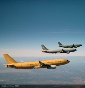 Three A330 MRTTs (Multi Role Tanker Transports) destined for different customers recently completed a formation flight in the skies above Spain. The lead aircraft, located furthest from the camera in the accompanying photo (at left) will join the UK Royal Air Force, where it is to be known as Voyager as part of the Future Strategic Transport Aircraft (FSTA) programme; the middle aircraft is the original development example which eventually will enter service with the Royal Australian Air Force; and the aircraft nearest the camera is the second A330 MRTT for the United Arab Emirates air force. Credit Airbus Military, 2/28/12 