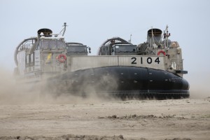 A Japanese landing craft air cushion (LCAC) lands on Red Beach as part of the initial offload for Exercise Dawn Blitz here, Camp Pendleton, CA, May 31, 2013. Credit: 11th MEU. 