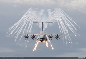 Airbus Military has successfully demonstrated the release of decoy flares from the A400M new generation airlifter as part of the development of the aircraft´s self-protection systems. The flares are designed to mislead heat-seeking anti-aircraft missiles, particularly surface-to-air missiles (SAM). They are a crucial part of the self-protection system because of the A400M´s ability to operate from short and unpaved airstrips close to the scene of military action where SAMs may be fielded by an enemy. Credit: Airbus Military 