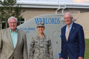 Ed Timperlake, Mike Wynne and Karen Roganov, the 33rd FW PAO in front of the Ready Room for the Warlords. Credit Photo: SLD