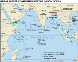 A map which highlights Indian and Chinese activity in infrastructure in the Indian Ocean. Credit: International Maritime Bureau, 2010.  
