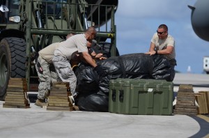 Airmen from the 36th Contingency Response Group rearrange equipment on a forklift Nov. 15, 2013, on the Andersen Air Force Base, Guam, flightline before departing to support Operation Damayan in Tacloban City, Philippines. Operation Damayan is a U.S. humanitarian aid and disaster relief effort to support the Philippines in the wake of the devastating effects of Typhoon Haiyan. (U.S. Air Force photo by Senior Airman Marianique Santos/Released)