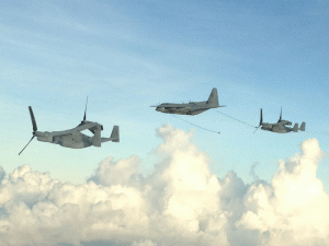 The Oppreys being refueled by a KC-130J during the Philippine relief mission. The Marines twin the assets to provide for greater range and endurance in the mission. Credit Photo: Lt. Col Brown 