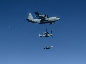 KC130J flying with Osprey and F-18. Credit: 1st MAW 