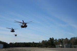 A division of CH-53E Super Stallions begins to land at Marine Corps Outlying Field Atlantic Jan 13. The aircrafts were performing aerial insertion for 3rd Battalion, 6th Marine Regiment. The Super Stallions belong to Marine Heavy Helicopter Squadron 461.