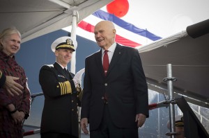 Chief of Naval Operations (CNO) Adm. Jonathan Greenert and platform members applaud former U.S. Senator John Glenn after his daughter Lyn Glenn, the ship's sponsor, broke a bottle of champagne on the hul to officially christen Mobile Landing Platform (MLP 2) John Glenn. The ship, named in honor of U.S. senator, astronaut and Marine Corps pilot John Glenn, represents the newest platform in Navy-Marine Corps integration. Credit: USN, 2/1/14