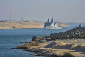 SUEZ CANAL (March 13, 2014) The amphibious transport dock ship USS Mesa Verde (LPD 19) transits the Suez Canal.  Mesa Verde is part of the Bataan Amphibious Ready Group and, with the embarked 22nd Marine Expeditionary Unit (22nd MEU), is deployed in support of maritime security operations and theater security cooperation efforts in the U.S. 5th Fleet area of responsibility. 