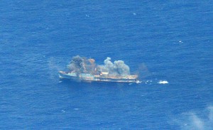 PACIFIC OCEAN (July 10, 2014)  The ex-USS Ogden (LPD 5) is hit by a Naval Strike Missile (NSM) from the Royal Norwegian Navy frigate HNoMS Fridtjof Nansen (F 310) during a Sink Exercise (SINKEX) as part of Rim of the Pacific (RIMPAC) Exercise 2014. Credit Photo: USN 