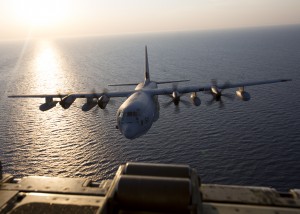 KC-130Js attached to Special Purpose Marine Air-Ground Task Force Crisis Response from Marine Aerial Refueler Transport Squadrons-352 (shown) and 252, fly together in formation by the USS Bataan, Mediterranean Sea, June 15, 2014. KC-130Js from SP-MAGTF Crisis Response flew to the USS Bataan in order to conduct aerial refueling drills with the 22nd Marine Expeditionary Unit’s CH-53Es.  Marines with SP-MAGTF Crisis Response are currently positioned in Italy to be able to protect U.S. personnel and facilities on U.S. installations in North Africa in the event they are needed for a response mission.  (Official Marine Corps photo by Staff Sgt. Tanner M. Iskra, SP-MAGTF Crisis Response, 2nd Marine Division Combat Camera/Released)