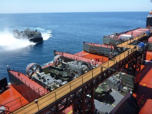An LCAC launched from an MLP during the June tests. Credit: USN
