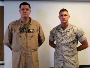 Sgt. Paul Millis, a Crew Chief, and Sgt. Thomas Chevalier, a power train maintainer for the KC-130J. Credit: SLD