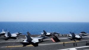 Sailors launch aircraft from the flight deck of the aircraft carrier USS George H.W. Bush (CVN 77). George H.W. Bush is supporting maritime security operations and theater security cooperation efforts in the U.S. 5th Fleet area of responsibility. (U.S. Navy photo by Mass Communication Specialist 3rd Class Joshua Card/Released) 
