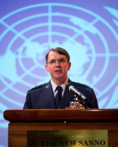 U.S. Air Force Lt. Gen. Jan-Marc Jouas, United Nations Command Korea, deputy commander, U.S. Forces Korea, deputy commander, Air Component Command, Republic of Korea/U.S. Combined Forces Command, commander, 7th Air Force, commander, addresses the ceremony attendees, during the 67th anniversary of the United Nations, Nov. 29, 2012, at New Sanno Hotel. (U.S. Air Force photo by Osakabe Yasuo) 