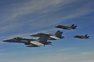 U.S. Marine Corps F-35 Lightning II aircraft and F-18 Hornets assigned to Naval Air Station Pensacola fly over the northwest coast of Florida May 15, 2013.  Credit: USAF 