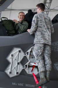 Maj. Gen. Jay Silveria, U. S. Air Force Warfare Center commander, has a laugh with Airman 1st Class John Patterson, 33rd Aircraft Maintenance Squadron, after completing his final qualifying flight in the F-35A Lightning II Sept. 26 at Eglin Air Force Base, Fla. Silveria became the first general officer in the Department of Defense to qualify in the fifth generation fighter. He completed his training with back-to-back flights and hot pit refueling. (U.S. Air Force photo/Samuel King Jr.) 