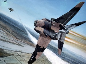 A painting of John Madden and Chuck DeBellevue's MiG-19 kill in September 1972. Painting by Lou Drendel. © 2010 Sundance. Site by Joragan.