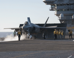 F-35C landing on the USS Nimitz. November 2014. Credit: USN