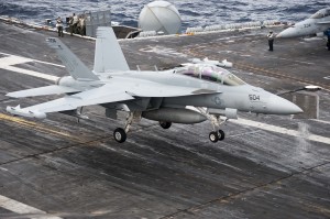 An EA-18G Growler assigned to the Electronic Attack Squadron (VAQ) 129 lands on the flight deck of the aircraft carrier USS Theodore Roosevelt (CVN 71. Navy Media Content Services, 11/3/14