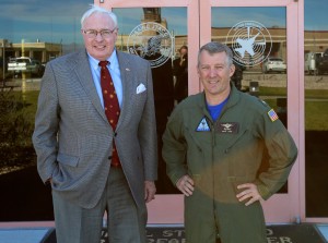 Ed Timperlake with Admiral Scott Conn outside of the NSWC building at Fallon after the Second Line of Defense interview. 