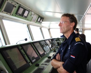 Captain Rene Luyckx: on the bridge of his ship during Bold Alligator 2014. Credit: Second Line of Defense 