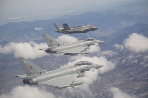 F-35 BF-17 from the F-35 Integrated Test Force in Formation with RAF Typhoons, Edwards AFB, CA April 4, 2014 F-35 test pilot LtCol Jon "Miles" Ohman performs interoperability testing. Credit: USAF 