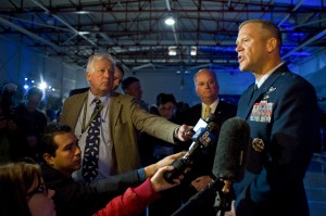 U.S. Air Force Maj. Gen. Jeffrey Lofgren, U.S. Air Force Warfare Center commander, and Orlando Carvalho Lockheed Martin Aeronautics executive vice president and general manager of the F-35 program, answers questions from media during the F-35A Lightning II arrival ceremony March 19, 2013, in the Thunderbird Hangar at Nellis Air Force Base, Nev. The F-35A Lightning II is assigned to the 422nd Test and Evaluation Squadron and its modern engine delivers more than 60 percent more thrust than other aircraft of the same weight. 