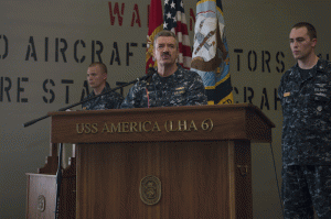 Captain Hall addresses the crew during a ceremony remembering September 11, 2001 aboard the USS America. Credit: USS America