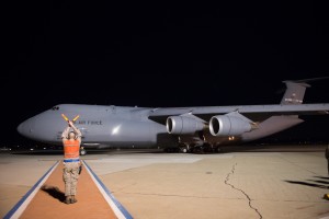 A C-5M Super Galaxy from the 22nd Airlift Squadron arrives at Travis AFB, California early April 3, 2015. The flight, which lasted approximately one hour, claimed 45 aeronautical records, positioning the U.S. military's largest airframe as the world's top aviation record holder with a total of 86 world records. (U.S. Air Force photo/Ken Wright)