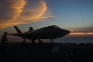 An F-35B Lightning II awaits refueling before a night operations exercise during F-35B Operational Testing (OT-1) aboard USS Wasp (LHD-1) May 20, 2015. Over the course of about two weeks, U.S. Marines, U.K. military and industry partners will evaluate the full spectrum of F-35B measures of suitability and effectiveness, as well as assessing the integration of the aircraft into the spectrum of amphibious-based flight operations. (Marine Corps photo by Cpl. Anne K. Henry/RELEASED) 