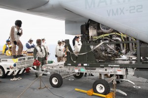 The Power Module for the F-35 engine was carried onbaord the USS Wasp by an Osprey. Credit Photo: USMC 