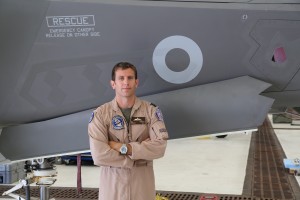 Squadron Leader Nichol at Beaufort MCAS standing in front of an RAF F-35 jet which is part of the training effort. Credit: Second Line of Defense 