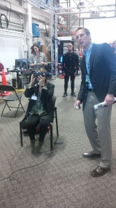 Murielle Delaporte visiting the 3-D virtual reality simulation facility at Boeing. Credit Photo: Boeing 